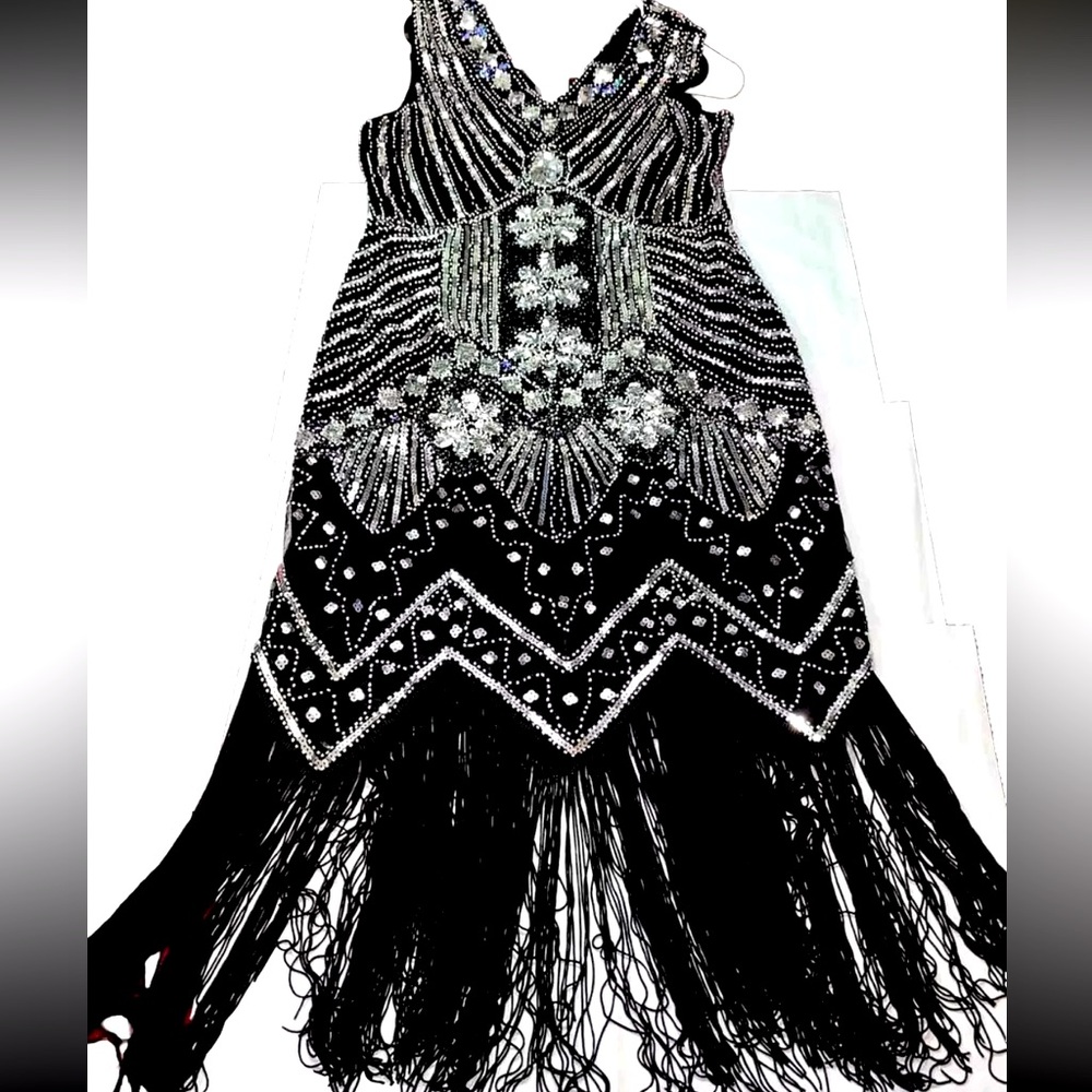 FLAPPER DRESS black silver, LACE fringe WRAP SET Sleeveless Long Sequined 1920s